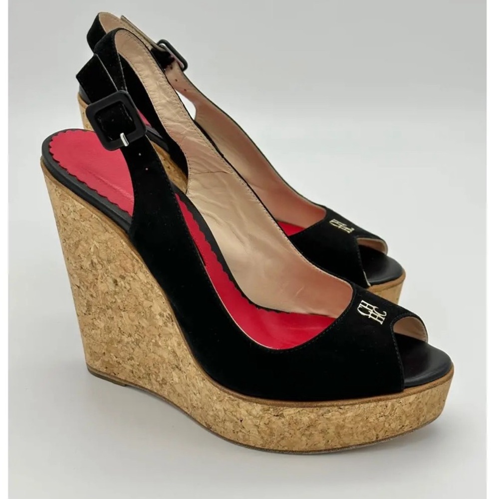 AUTHENTIC. Carolina Herrera BLACK SUEDE Wedge 100mm Ankle Strap Sling-back. - Picture 4 of 14